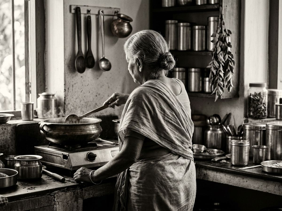 Black and white documentary photograph of a South Indian grandmother, seen from behind, stirring a pot at her traditional kitchen counter — the moment CuminJar was built to preserve