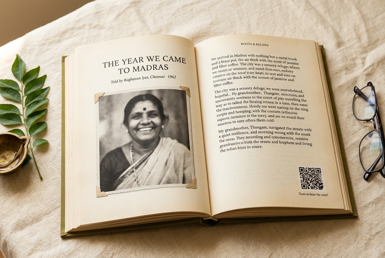 An open hardbound Family Book showing a story about arriving in Madras, with a vintage grandmother photograph on the left page and a QR code on the right that plays the recording