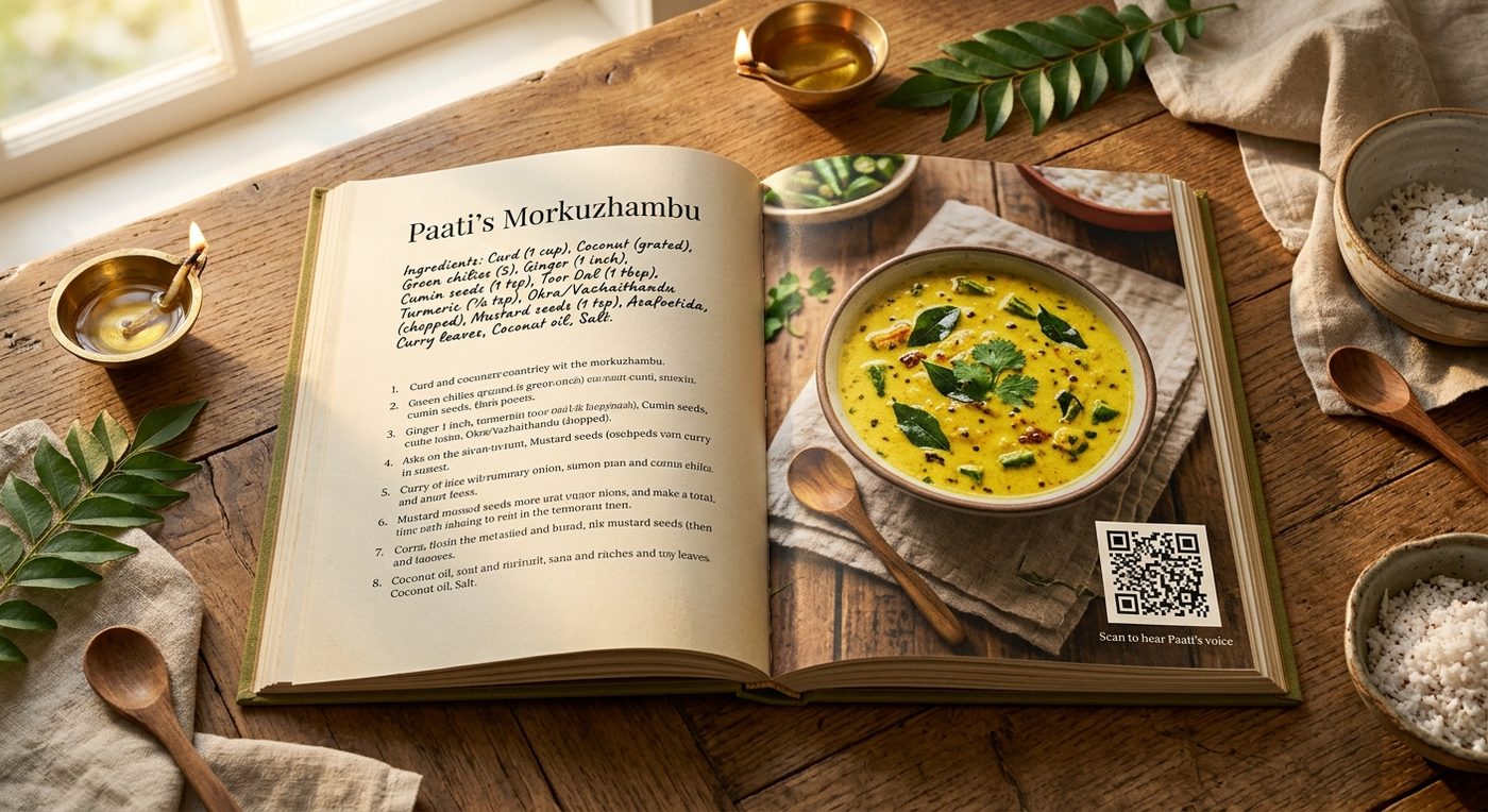 Open Family Legacy Book showing Paati's Morkuzhambu recipe with a QR code that plays her voice